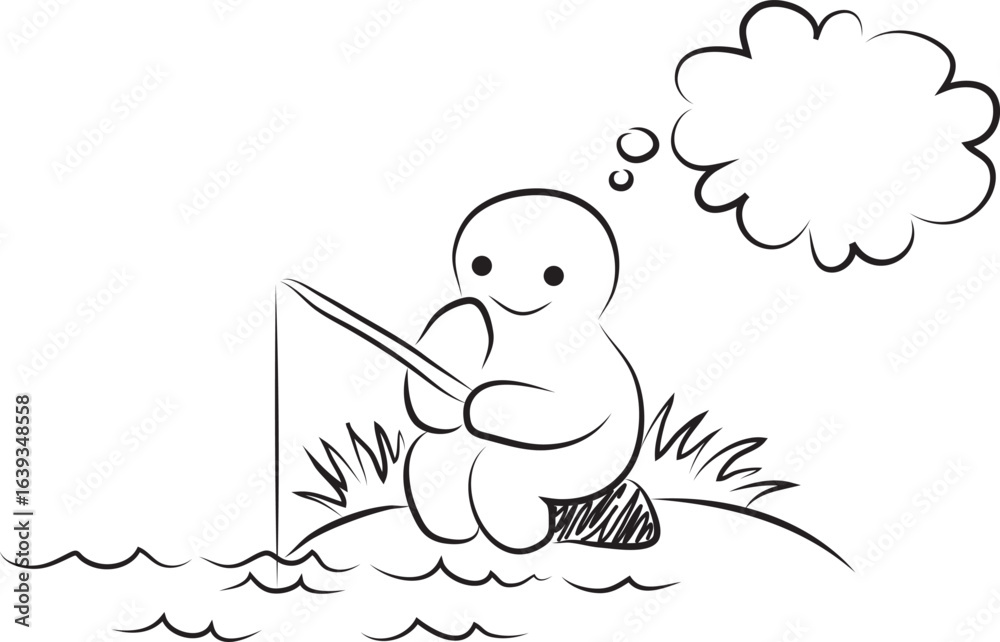 Fototapeta premium Smiling funny man with a thought cloud sits and fishes in nature, hand drawn with a black brush with curved contours
