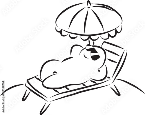 Smiling funny man lying on beach lounger in sunglasses under umbrella and relaxing, hand drawn with a black brush with curved contours