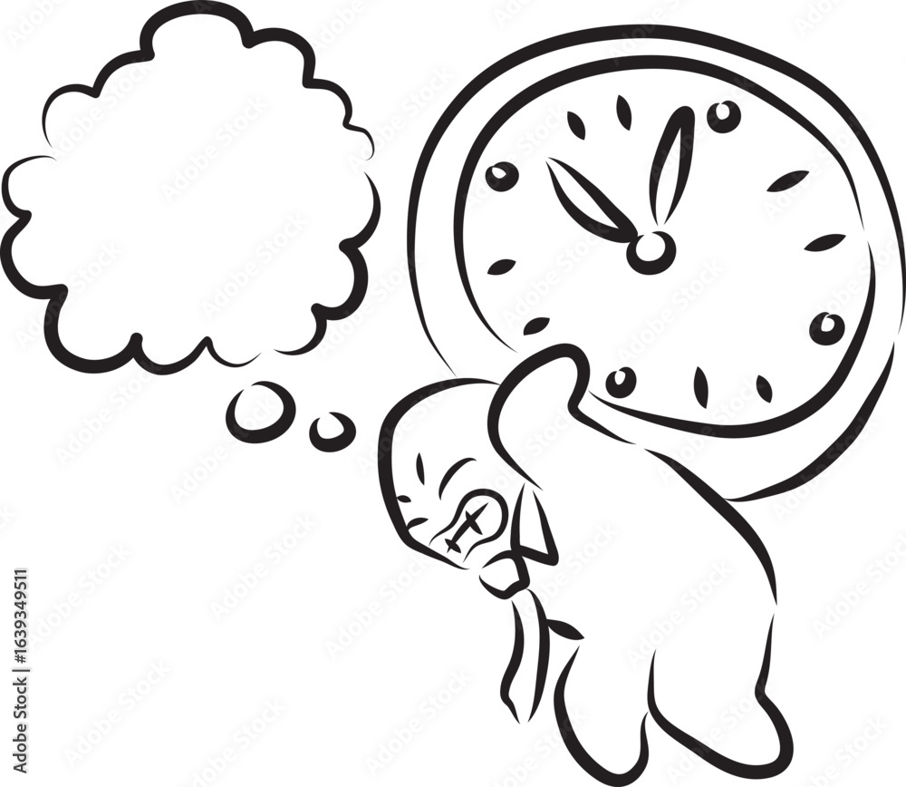 Obraz premium Funny stressed man office worker with thought cloud carries with difficulty on himself big dial watch, hand drawn with a black brush with curved contours
