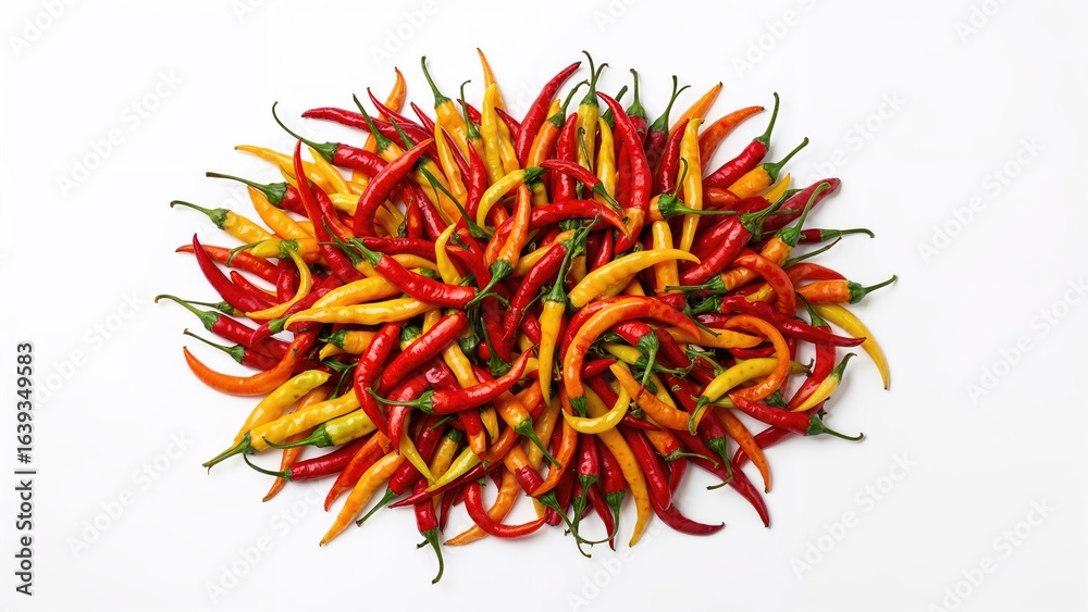 Fototapeta premium A heap of multicolored chili peppers including red, yellow, and green on a white background viewed from above