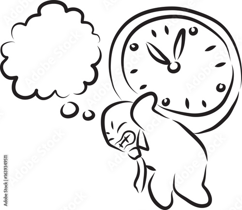 Funny stressed man office worker with thought cloud carries with difficulty on himself big dial watch, hand drawn with a black brush with curved contours