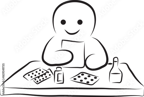 Funny smiling man looking at doctor's prescription and different pills and medicines lying on table next to him, hand drawn with a black brush with curved contours