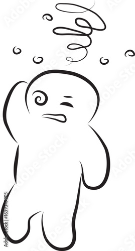 Funny dizzy man holding head with tense suffering face, hand drawn with a black brush with curved contours