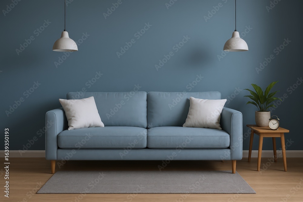 Fototapeta premium Serene Living Room Scene Featuring a Comfortable Blue Sofa with Accent Pillows and Minimalist Decor