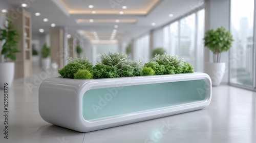 A modern planter with lush greenery, placed in a spacious, well-lit corridor, enhancing the interior design with a touch of nature.