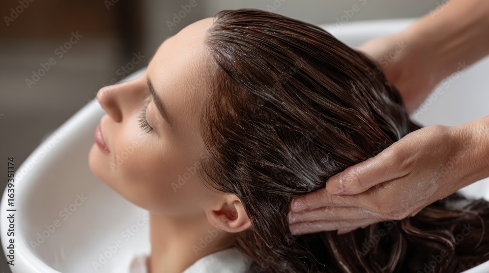 Fototapeta premium Oil hair treatment enhances shine and nourishment during relaxing spa session for women
