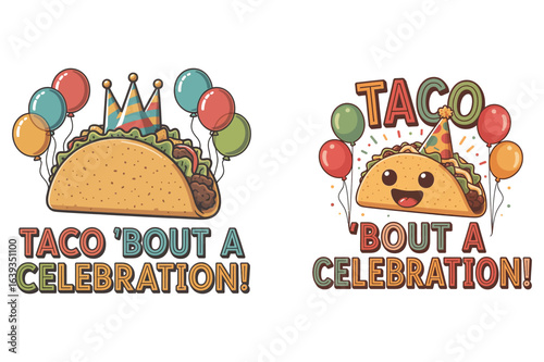 Festive tacos with balloons and party hats celebration