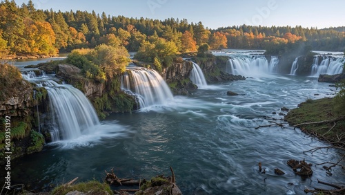 Morning scene of waterfalls gently spilling into a lake with motion blur