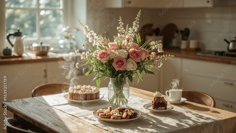 Obraz premium Sunrise with flowers and sweet treats