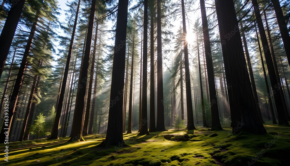 Obraz premium Sunlight filtering through tall trees in a misty forest.