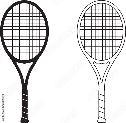 Tennis Racket Outline and Solid Silhouette for Sporting Goods Design Element