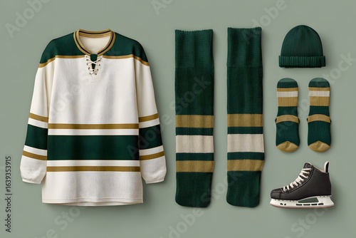 Vector sports set: hockey jersey, socks, scarf, green and gold, copy space. 