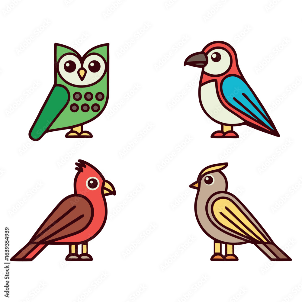 Fototapeta premium Four cartoon birds isolated on white background