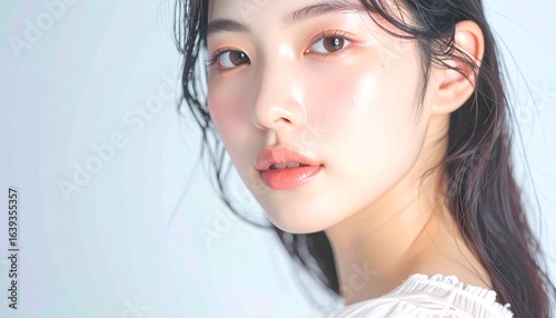 日本人, 超リアル, 美しい若い女性, 長い黒髪, 自然なメイク, 白いキャミソール, 肌が輝くクローズアップ, 柔らかなライティング, 美容広告風, スタジオ背景（白）, 高解像度 Japanese, ultra-realistic, beautiful young woman, long black hair, natural makeup