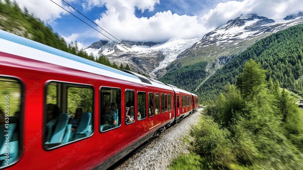 Fototapeta premium Red Train Winding Through the Swiss Alps on a Summer Day – Lush Green Trees, Snow-Capped Mountains, Fluffy Clouds, Professional Landscape Photography.