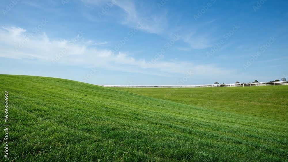 Fototapeta premium Expansive Green Pasture with Far-Off Horse Racing Fence Beneath a Wide Blue Sky