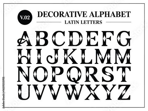 Ornate black and white decorative alphabet set. Vector illustration of vintage Latin letters with a unique diamond pattern design.