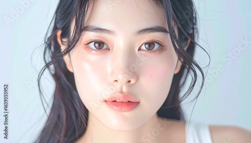 日本人, 清楚な若い女性, 横顔, ナチュラルな笑顔, 柔らかい光, 白背景, 透明感ある肌, 美容広告スタイル Japanese, modest young woman, side profile, natural smile, soft light, white background, translucent skin, beauty ad style