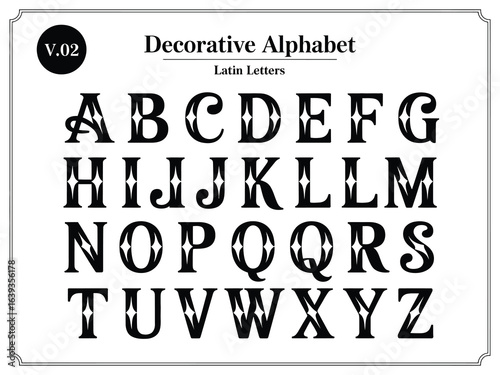 A black and white decorative alphabet font with a vintage, ornate style. Complete vector set of Latin letters for typography and design.