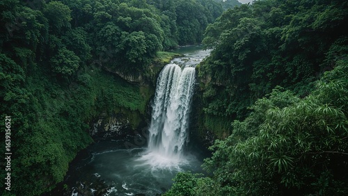 Picturesque falls amidst thick tropical vegetation in wet season.