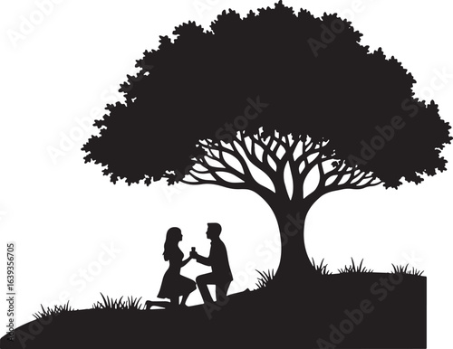 Silhouette of a man proposing to a woman under a tree