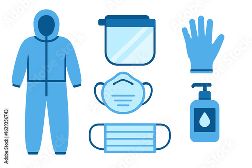 Protective health gear displayed on a white background, including a suit, masks, gloves, and sanitizer for safety measures