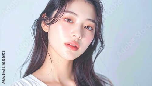 日本人, 清楚な若い女性, 横顔, ナチュラルな笑顔, 柔らかい光, 白背景, 透明感ある肌, 美容広告スタイル Japanese, modest young woman, side profile, natural smile, soft light, white background, translucent skin, beauty ad style