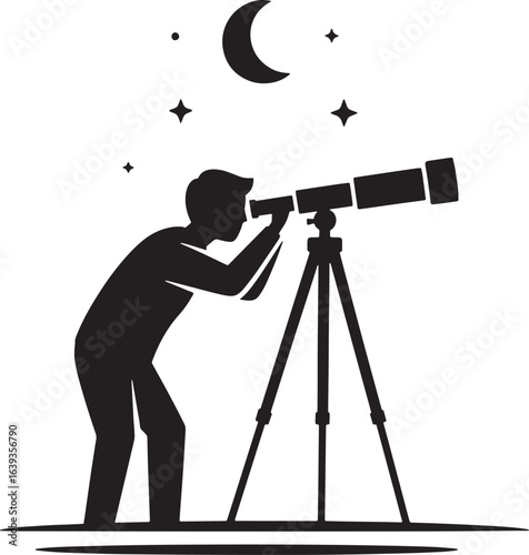 Silhouette of a person looking through a telescope at night with stars and a crescent moon in the sky