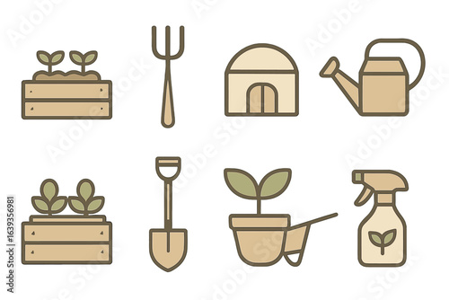 Garden tools and plants arranged in a creative layout showcasing elements of gardening