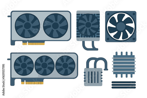 Graphics cards and cooling components ready for computer assembly in a tech workshop