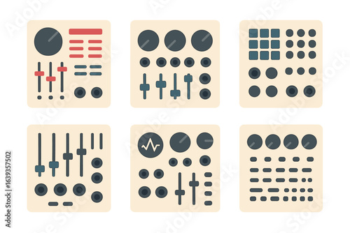 Graphic display of various audio mixing controls and settings in a user interface layout for sound engineering