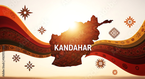 Kandahar, Afghanistan map silhouette with traditional ethnic patterns at sunrise