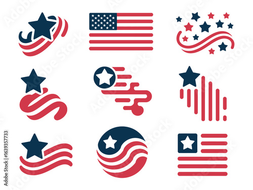 Patriotic American Flag Icon Set, Nine Stylized USA Symbols with Red and Blue Stars and Stripes