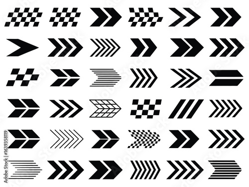 A diverse collection of thirty-six black arrow silhouettes with modern graphic patterns for design elements