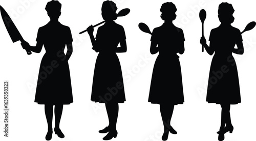 Cad drawing flat vector illustration, silhouette women, kitchen utensils, chef tools, cooking concept, culinary art, black and white, Adobe Stock