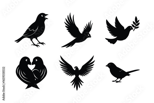 bird flying and perched silhouettes collection for nature wildlife and animal design vector silhouette on white background