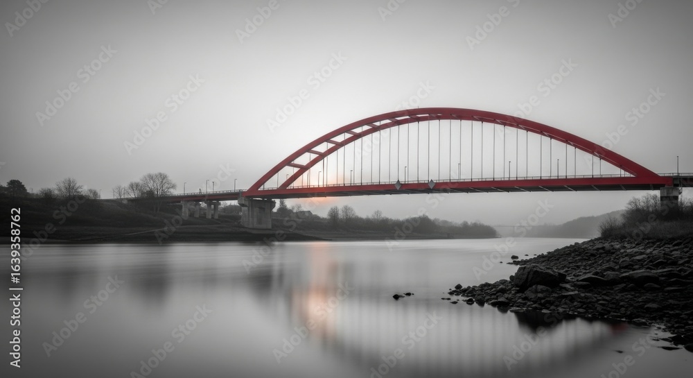 Naklejka premium Red Arch Bridge Over Calm Water Surrounded by Misty Landscape at Sunset