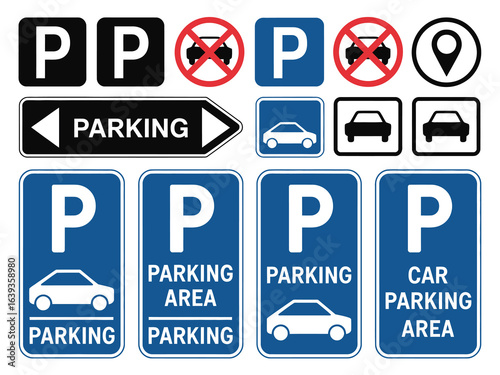Car Parking Sign Vector Set, Traffic Icons for Parking Areas, No Parking Zones, and Directional Symbols