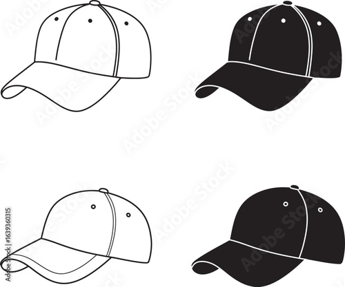 Baseball cap vector set in black and white outline style illustration