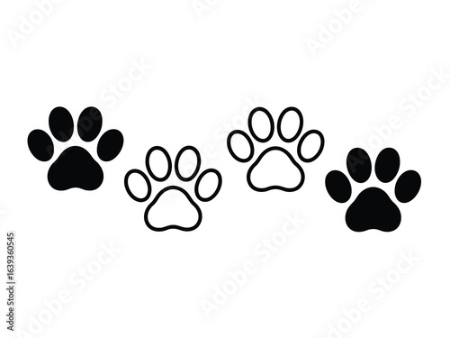 A minimalist illustration set of four black paw prints, including solid and outline vector icons for animal concepts.