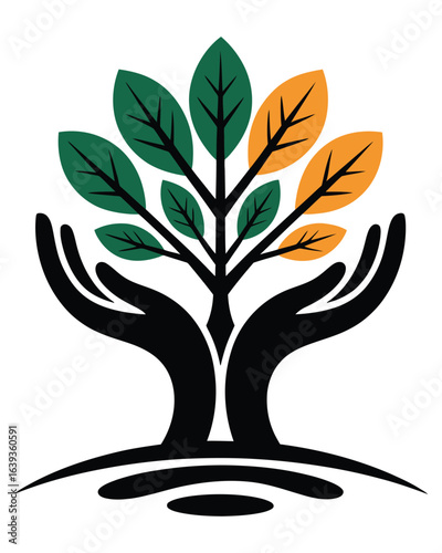 A minimalist logo design of hands nurturing arboreal growth, symbolizing environmental stewardship and sustainable development.