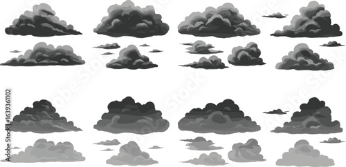 A diverse set of cloud vector illustrations, different styles and shapes, stormy weather, cumulus and nimbus, black and white sky element.
