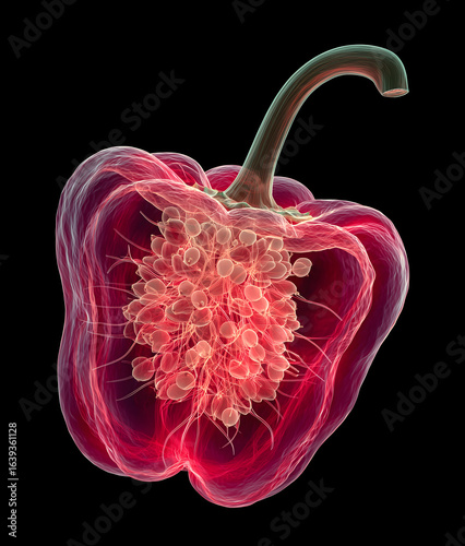 x-ray scan of a red bell pepper cut in half, hyper-detailed internal structure with seeds and fibers, transparent skin, intricate botanical anatomy, glowing red tones on black background
