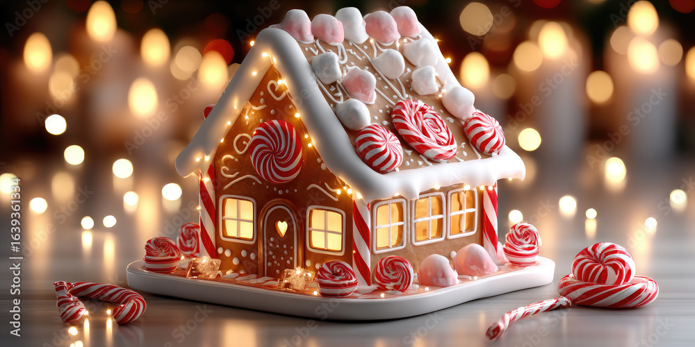 Naklejka premium A colorful gingerbread house decorated with icing, candy canes, and gumdrops. The background features soft, glowing lights, creating a festive atmosphere.