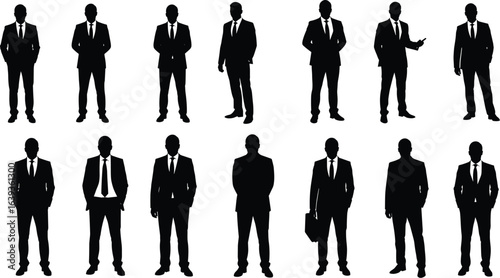 Set of diverse businessman vector silhouettes, different postures and views, men in suits, standing and walking, professional icon set.