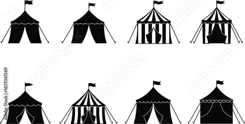 Set of circus tent vector silhouettes, different styles and designs, big top marquee, entertainment, carnival, black and white icon.