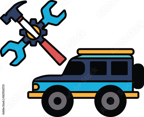 A car with a wrench and a hammer on it