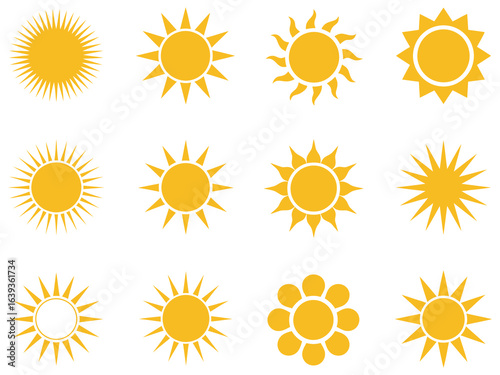 Vector Sun Icon Set, Twelve Minimalist Yellow Sunshine Symbols with Different Ray Styles for Design