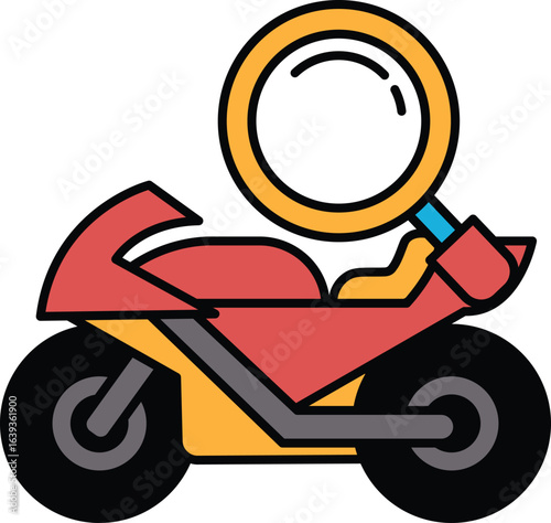 A black and white motorcycle with a magnifying glass on the handlebars