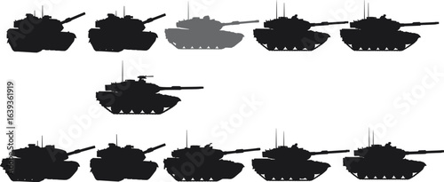 Set of military tank vector silhouettes, different views, war machine, military vehicle, battle tank, army equipment, black and gray icon.